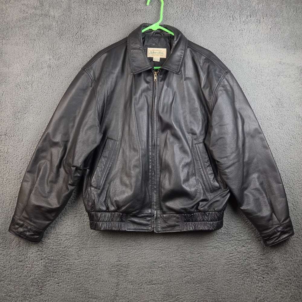 St John's Bay Leather Jacket Men's Large Black 90s Y2K Quilt Lined Biker Bomber